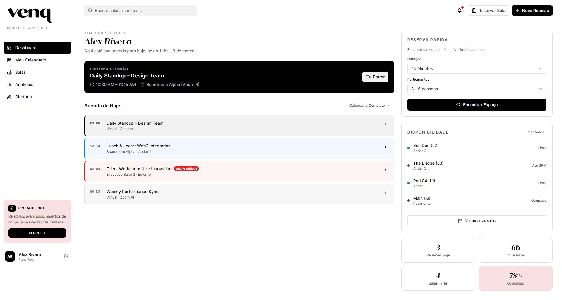 Dashboard Venq — agenda corporativa unificada
